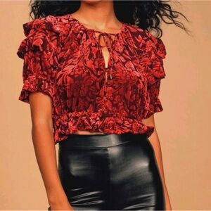 Free People Velveteen Dreams Red Combo Floral Puff Sleeve Blouse Size Medium